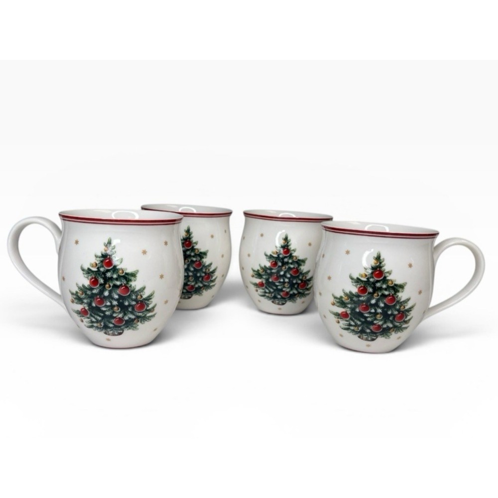 Set Of 4 Villeroy & Boch TOY'S DELIGHT White Mugs Green Fir Christmas Tree